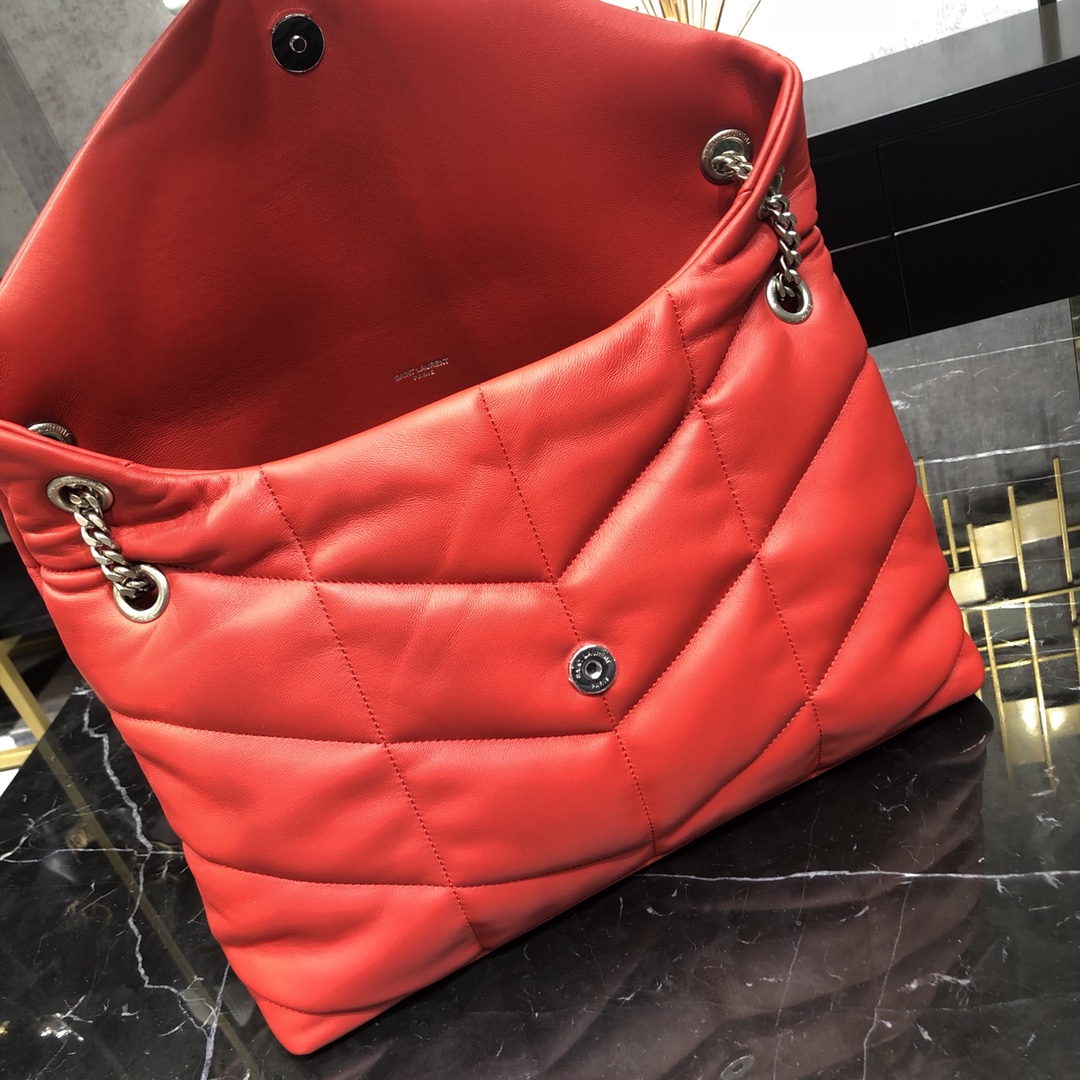 Saint Laurent Loulou Puffer Lambskin Shoulder Bag Handbag Red 577475 Silver